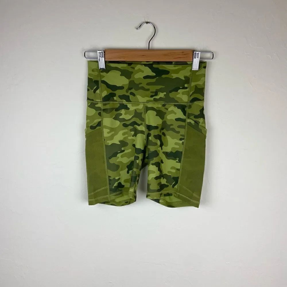 Fabletics Powerhold High-Waisted Pocket Biker Shorts - Green Camo
